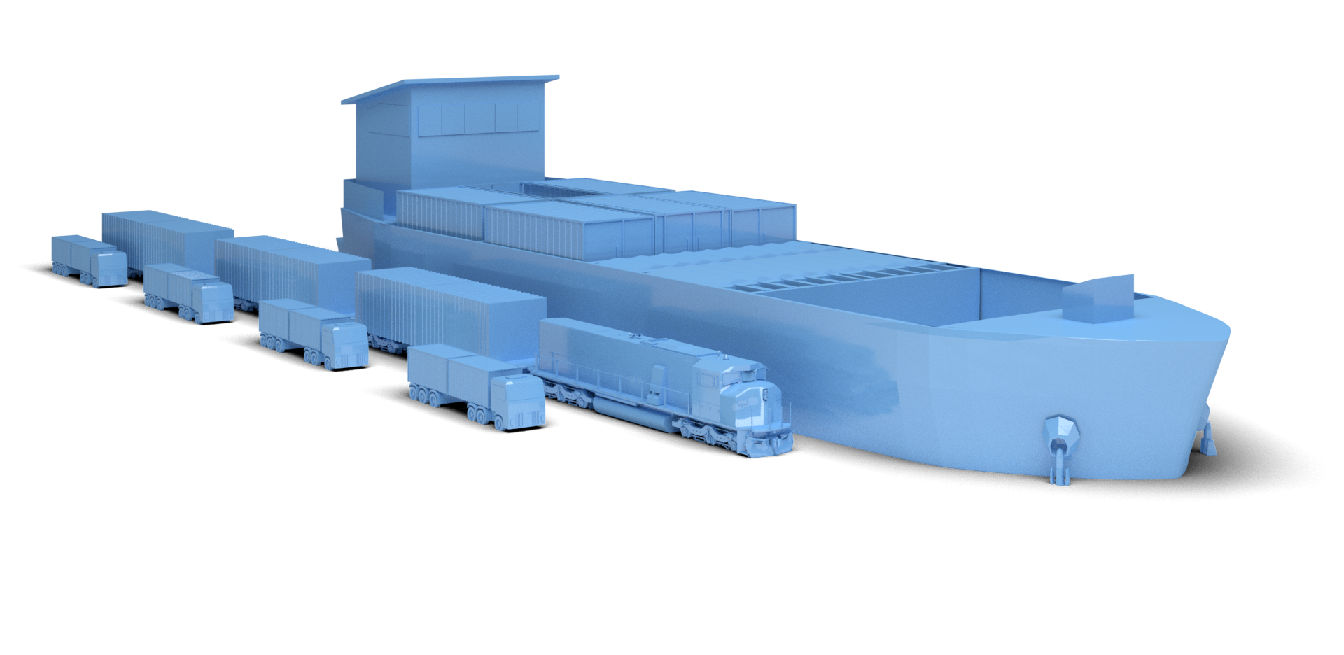 Piktogramm mit einem Binnenschiff, einem Güterzug mit Waggons und vier LKWs